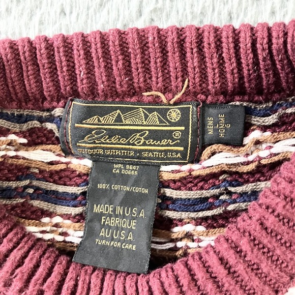 Vintage Eddie Bauer Sweater Mens Large Burgundy Knit Birdseye Crewneck Pullover - Picture 3 of 6